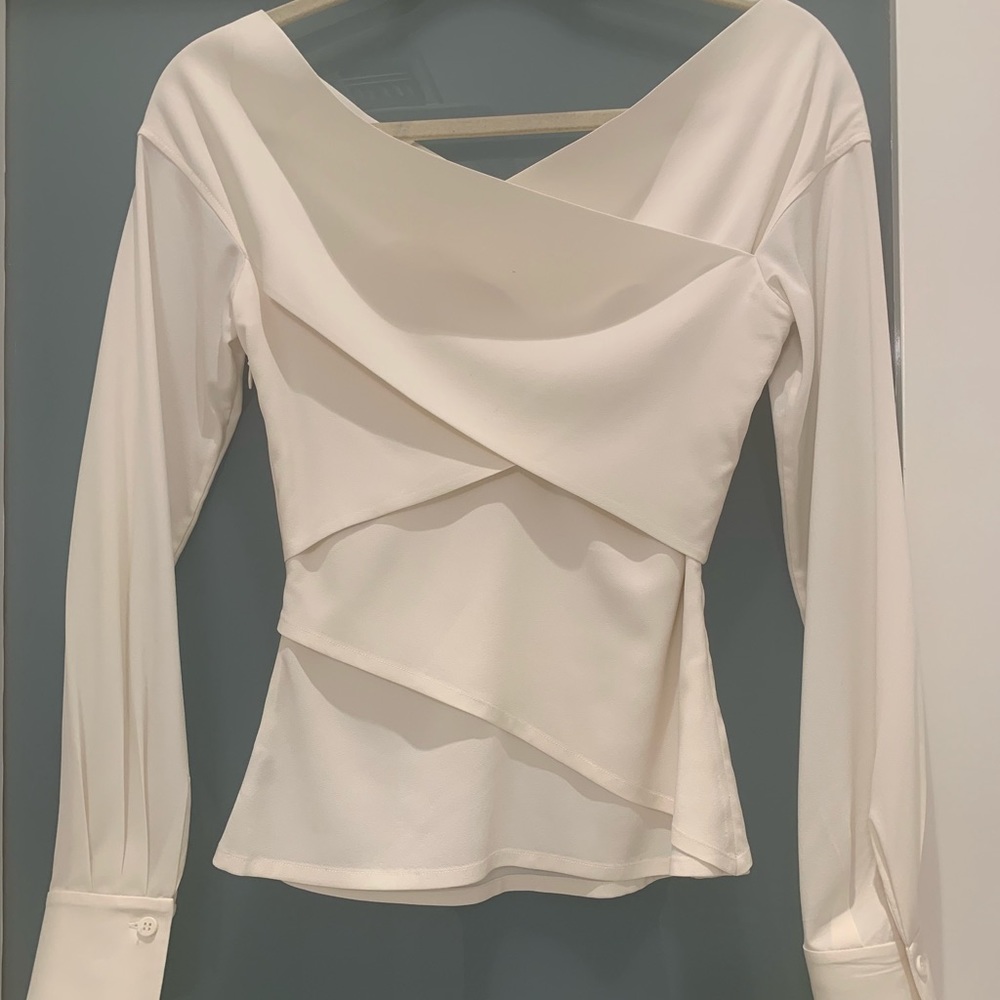Theory off shoulder silk blouse